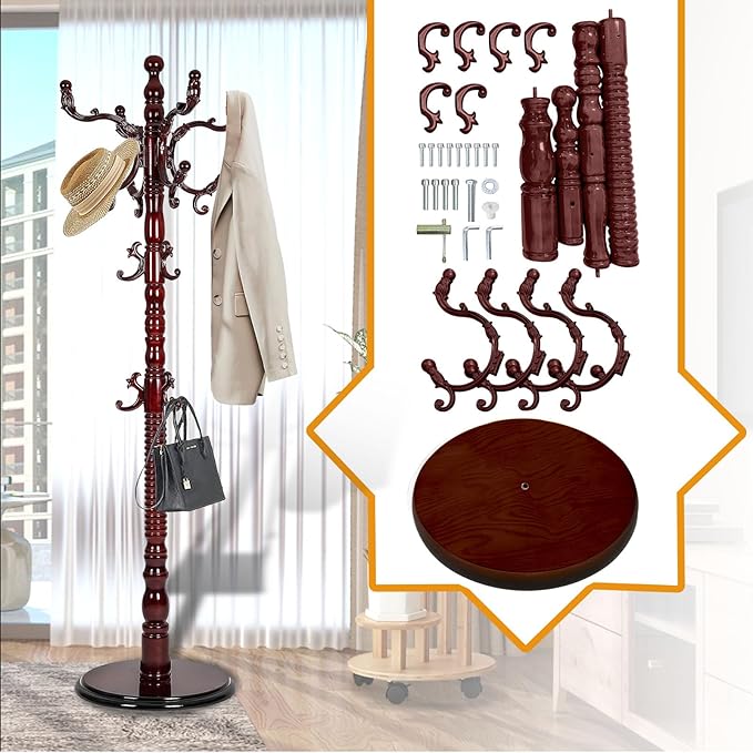 Wooden Coat Hanger Stand, Coat Rack Freestanding 18 Hooks, Mid Century Vintage Coat Tree for Entryway, Adjustable Height 73", Heavy Duty Coat stand for Home Bedroom, Office(Walnut)
