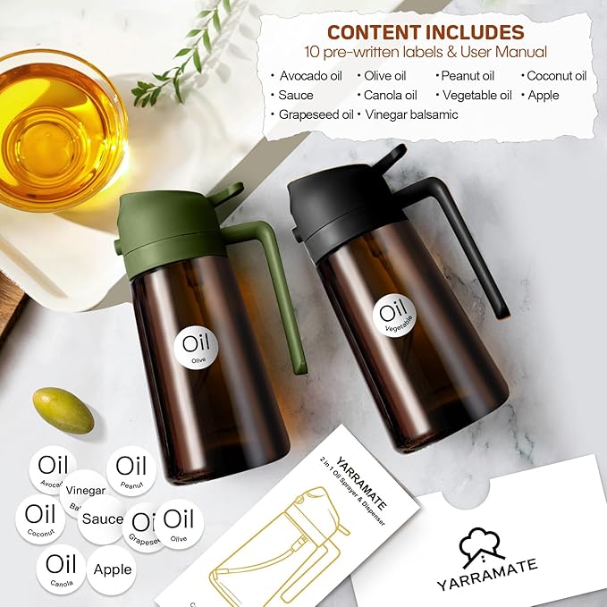 YARRAMATE 16oz/470ml Dark Brown Oil Sprayer for Cooking with Stickers, Food-grade Premium 2 in 1 Olive Oil Dispenser Bottle for Kitchen Gadgets, Air Fryer, Salad, Frying, BBQ (OliveGreen)