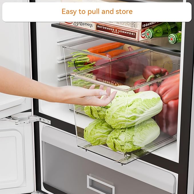 Yieach 4 Pack Stackable Clear Organizer Bins With Lids & Handle,11.1″ Deep Plastic Hall Closet Storage Bins for Pantry,Refrigerator and Cabinets,Acrylic Container for Organizing Toy,Snacks Organizer