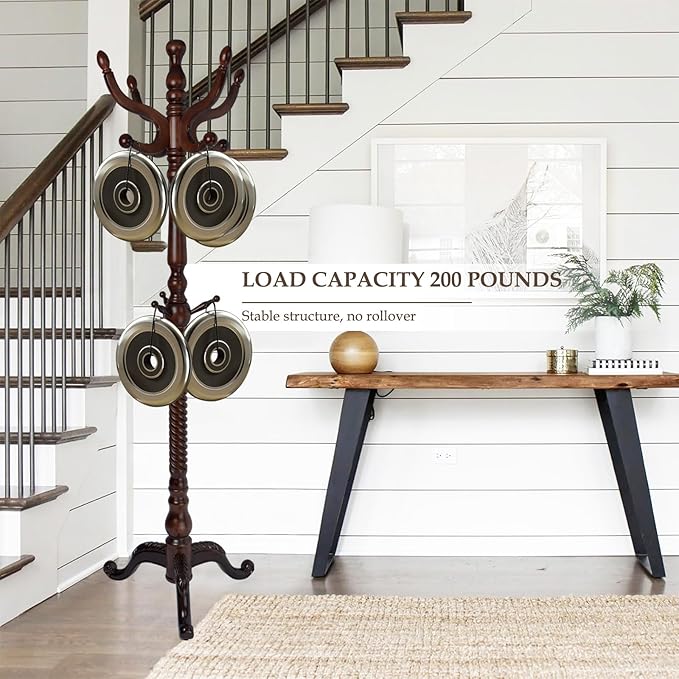 Wood Coat Rack Freestanding, Natural Coats Tree Stand with 14 Hooks, 73" Sturdy and Easy Assembly Coat Rack Stand for Entryway, Hallway, Bedroom, Bags, Hats (Tri-legged Base, Cherry Color)