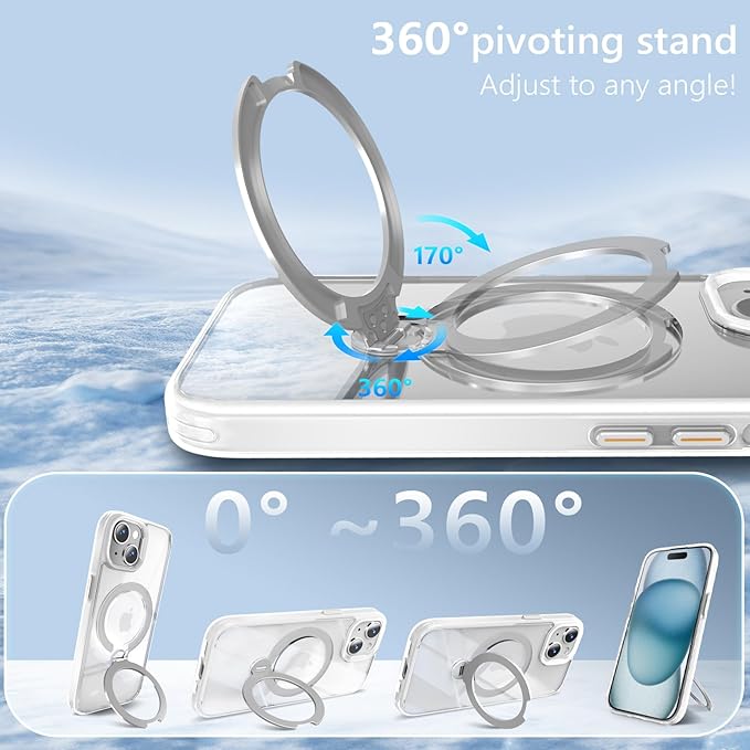 360° Spin Invisible Magnetic Stand for iPhone 15 Case [Military Grade Shockproof] [Compatible with MagSafe] Slim Translucent Matte Phone Case for iPhone 15 (6.1"), White