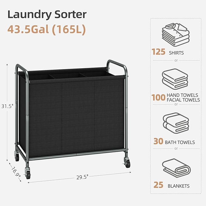 STORAGE MANIAC Rolling Laundry Hamper, 165L Laundry Basket with Lockable Wheels, Triple Clothes Sorter Cart, 3 Bag Clothes Separator Hamper for Closet, Bathroom, Laundrys Room, 3 Section Black