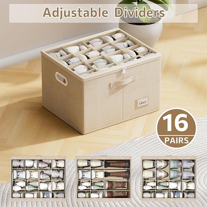 FHSQX Shoe Organizer for Closet,Fits 12 Pair,Shoe Storage Bins with Clear Cover & Adjustable Dividers for Shoes,Shoe Box Storage for Handbags,Blankets,Linen,Clothing (Beige, (19.7 * 15.7 * 13) x1)