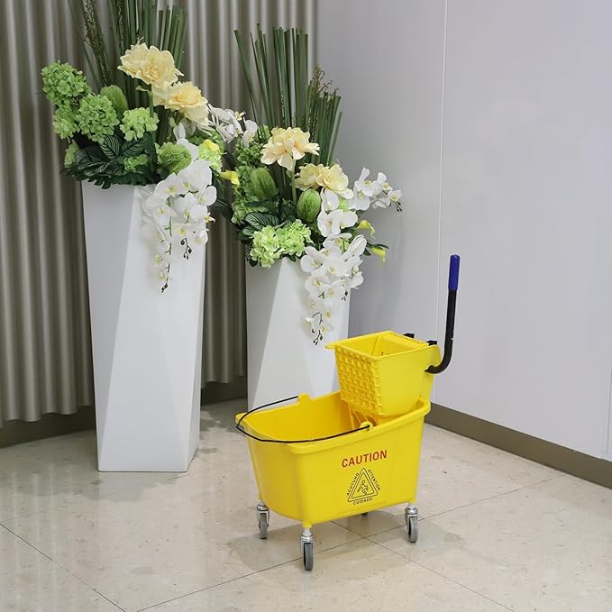 Commercial Mop Bucket with Side Press Wringer on Wheels, 35Qt,Yellow Including One Commercial Mop