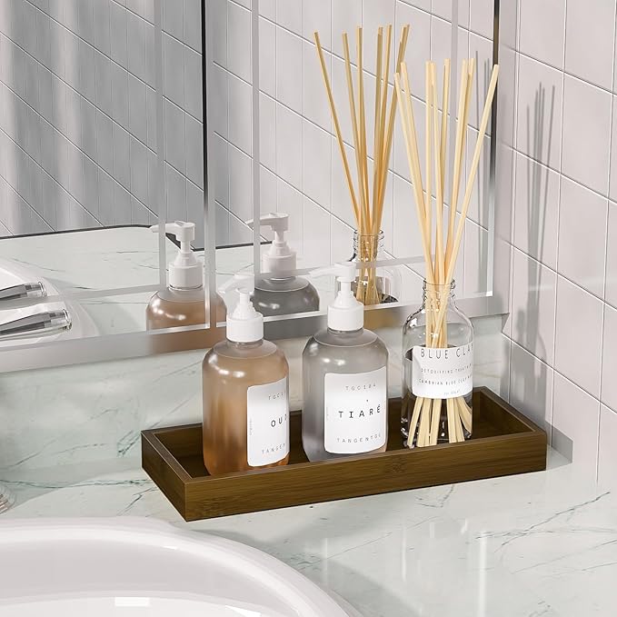 ZHWS Bathroom Vanity Tray for Toilet Tank, Perfume, Jewelry, Candle, Makeup, Decorative Tray, Kitchen Tray Counter Organizer for Soap Dispenser, Coffee Table Brown 11.3”L x 4.4”W x 1.14”H
