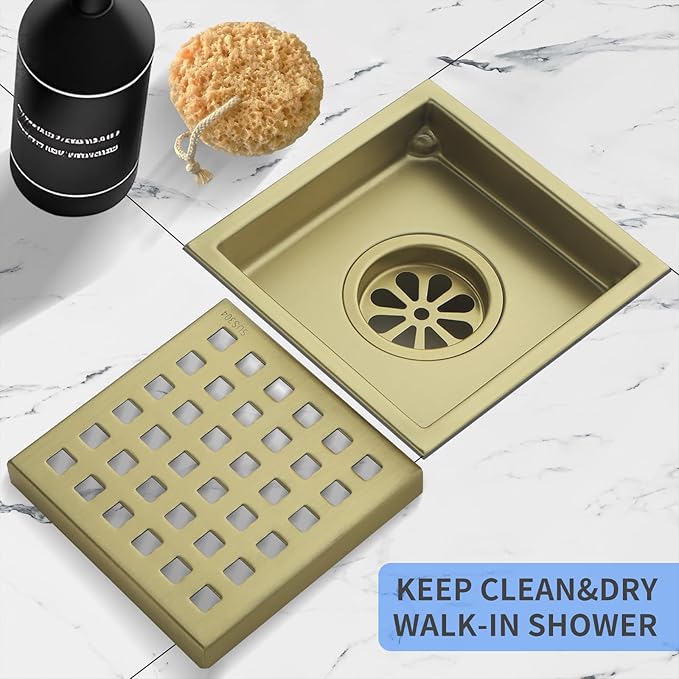 Square Shower Drain 4-Inch with ABS Flange, Brushed Gold, Removable Grille,Bathroom Stainless Steel Shower Floor Drain