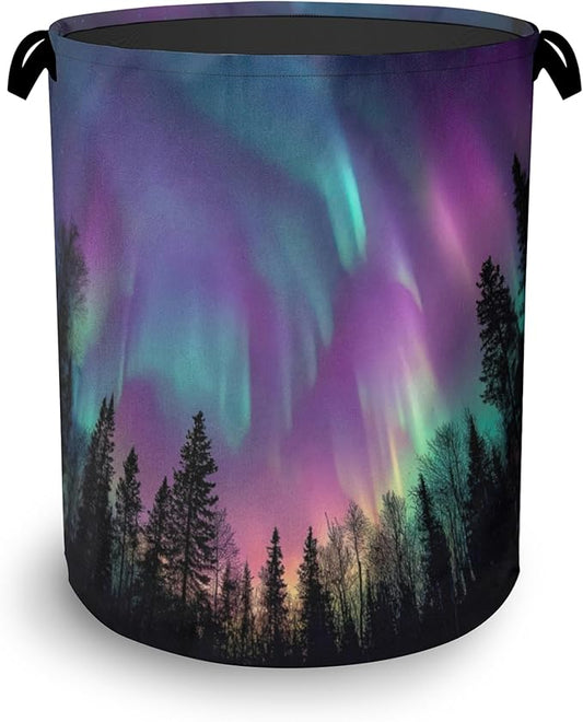 Aurora Forest Laundry Basket,Foldable with Handles Tote Bag Oxford Cloth for Bathroom Bedroom Dirty Clothes Storage Bucket 16" x 20.8"