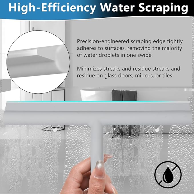 Shower Squeegee for Glass Doors, Full Silicone Jacketed Squeegee with Ergonomic Handle & No-Drill Hook, Cleaning Tool for Windows, Mirrors, Tiles, Bathroom & Car - Grey