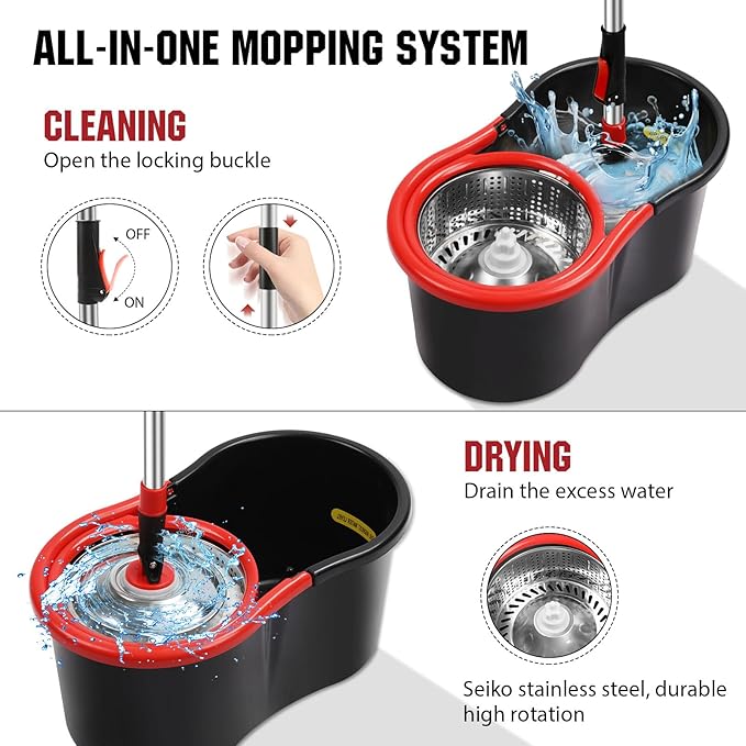 Spin Mop and Bucket with Wringer Set, 360° Spinning Mop Bucket System with 3 Microfiber Mop Replacement Heads and 51" Stainless Steel Adjustable Handle for Floor Cleaning (15QT)