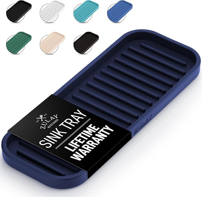 Zulay Kitchen (9x3.5) Silicone Sponge Holder for Kitchen Sink - Flexible Multipurpose Soap Tray - Sink Organizer for Kitchen, Bathroom, Makeup, Trinkets & More (Dark Blue)