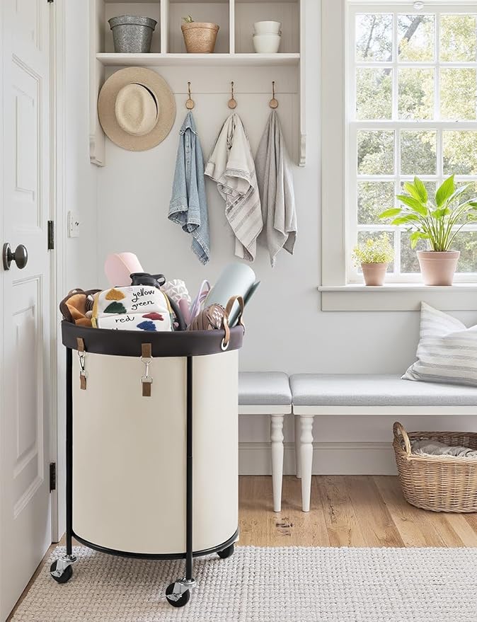StorageWorks 170L Rolling Laundry Basket, Clothes Hamper with Wheels, Round Clothing Cart with Steel Frame and Removable Bag, 4 Casters and 2 Brakes, Beige, 1-Pack