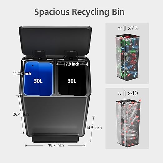 Stainless Steel Garbage Can, 2 x 8 gal Dual Compartment Trash Can with 2 Inner Buckets and Soft Close Lid, Foot Pedal Garbage Bin for Bathroom, Living Room, Kitchen, Black