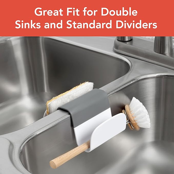 Spectrum Sink Saddle for Kitchen Sink Gray White Sponge and Brush Holder Organizer, Dish Brush and Sponges Plastic Saddle Caddy for Double Sink Storage with Drain Holes for Quick Drying Organization