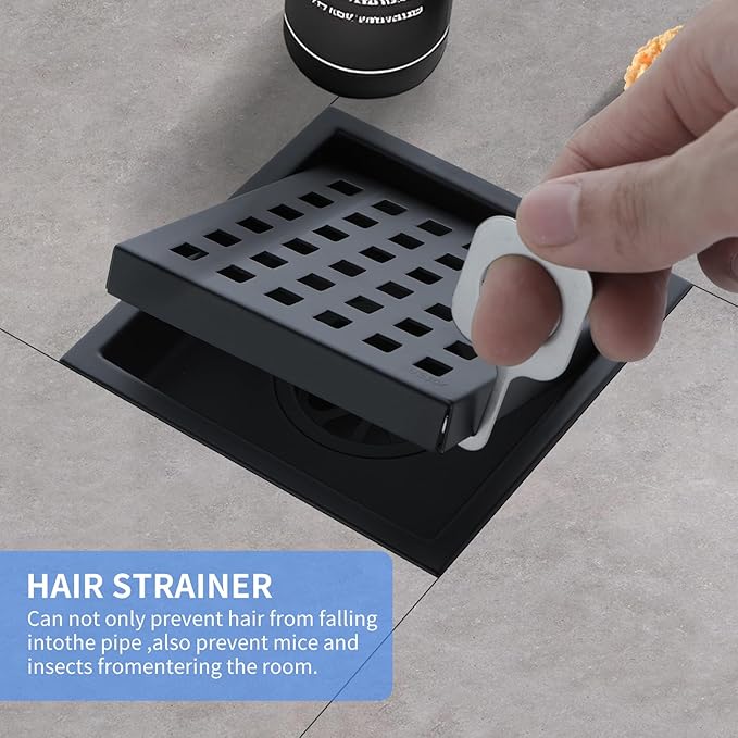 Square Shower Drain 4-Inch with ABS Flange, Matte Black, Removable Grille,Bathroom Stainless Steel Shower Floor Drain