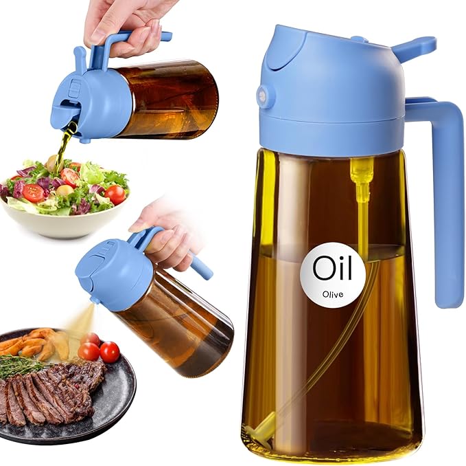 YARRAMATE 16oz/470ml Dark Brown Oil Sprayer for Cooking with Stickers, Food-grade Premium 2 in 1 Olive Oil Dispenser Bottle for Kitchen Gadgets, Air Fryer, Salad, Frying, BBQ (SkyBlue)