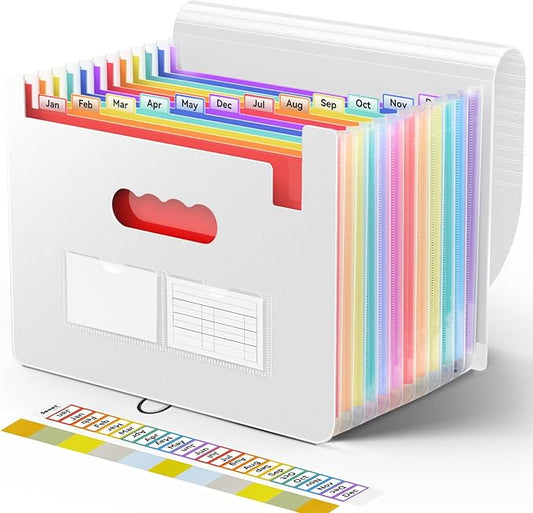 Sooez Accordion File Organizer, 13 Pockets Expanding File Folder, Portable Monthly Paper Bill Tax Receipt Organizer, Letter A4 Size Document Holder with Blank Labels, White