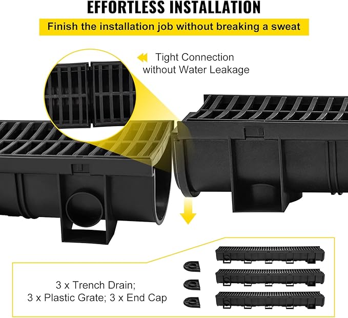 VEVOR Trench Drain System, Channel Drain with Plastic Grate, 5.9x5.1-Inch HDPE Drainage Trench, Black Plastic Garage Floor Drain, 3x39 Trench Drain Grate, with 3 End Caps, for Garden, Driveway-3 Pack