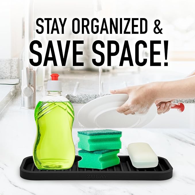 Zulay Kitchen (9x3.5) Silicone Sponge Holder for Kitchen Sink - Flexible Multipurpose Soap Tray Sponge Holder - Sink Organizer Tray for, Bathroom, Makeup, Trinkets & More (Black)