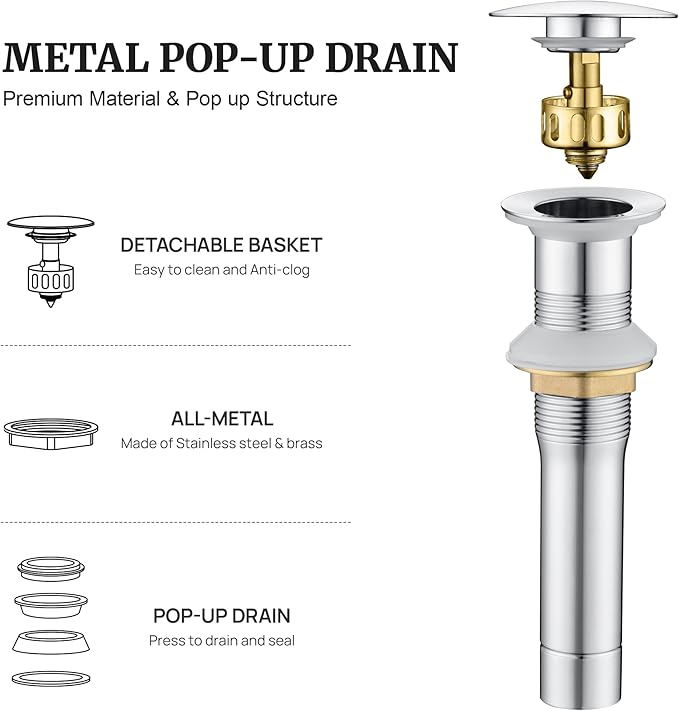 Pop up Sink Drain Stopper for Bathroom Vessel Vanity Sink Art Basin Chrome, Big Cap Without Overflow, Metal Pop-up Drain Strainer with Detachable Basket Stopper