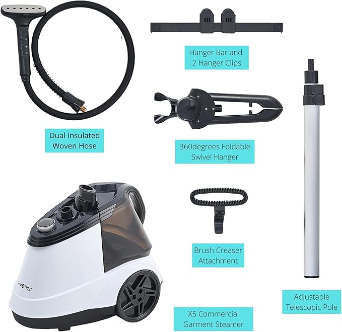 True & Tidy® Pro Commercial Garment Steamer with Extra Large 2.9L (98 oz) water tank, Heavy Duty with 3 Steam Settings, Aluminum Steam Plate, up to 90 mins