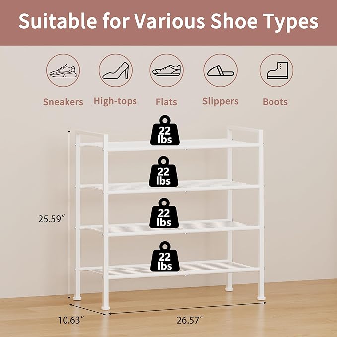 4-Tier Shoe Rack,Metal White Shoe Storage Organizer Shelf for Closet,Entryway,Hallway,Dorm (White, 4 Tier)