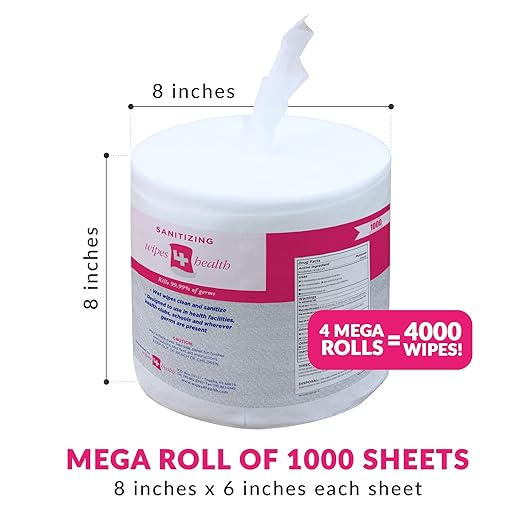 Wipes4Health Sanitizing Wipes: 4000 Unscented Wet Wipes (8" x 6"): 4 Refill Mega Rolls for Floor Stand, Wall Mounted and Bucket Dispensers - For Gyms, Fitness Clubs, Schools, Commercial Facilities