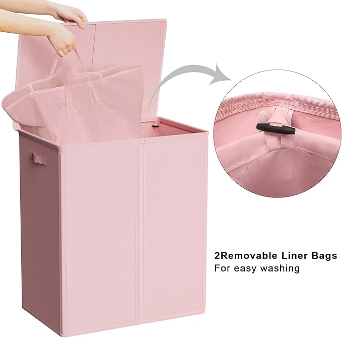 WOWLIVE 154L Double Laundry Hamper with Lid and Removable Laundry Bags, Large Dirty Clothes Hamper 2 section Collapsible Laundry Basket Dorm Room Storage for Bedroom, Bathroom, College,Pink