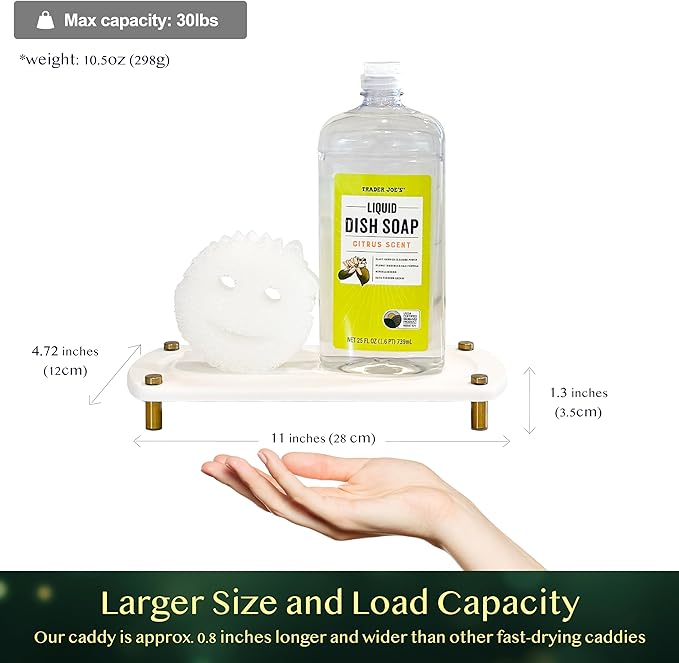 2PCS Water Absorbing Stone Soap Tray for Kitchen Bathroom Sink, Quick Dry Diatomaceous Earth Drying Rack and Shower Caddy, Soap Dispenser and Sponge Holder Organizer for Countertop, TWINKLE MOMENT; Pure White