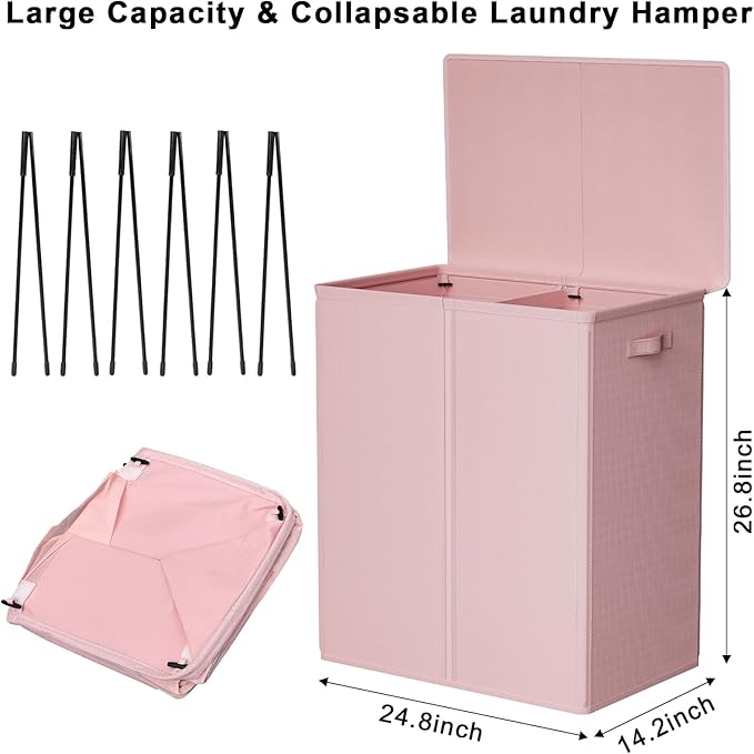 WOWLIVE 154L Double Laundry Hamper with Lid and Removable Laundry Bags, Large Dirty Clothes Hamper 2 section Collapsible Laundry Basket Dorm Room Storage for Bedroom, Bathroom, College,Pink