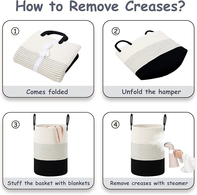 VIPOSCO Large Laundry Hamper, Tall Woven Rope Storage Basket for Blanket, Toys, Dirty Clothes in Living Room, Bathroom, Bedroom - 58L White & Black