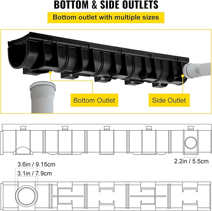 VEVOR Trench Drain System with Plastic Grate, 5.9x5.1-Inch HDPE Channel Drainage for Garden, Driveway - 6 Pack