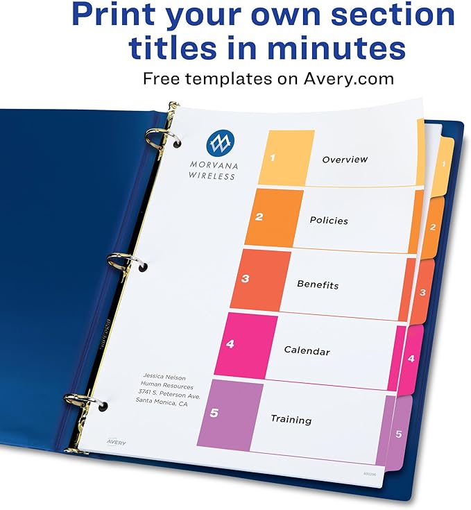 Avery Dividers for 3 Ring Binders, 5 Tabs per Set, Customizable Table of Contents, Multicolor Tabs, Great for Organizing Reports, Projects, and More (11131)