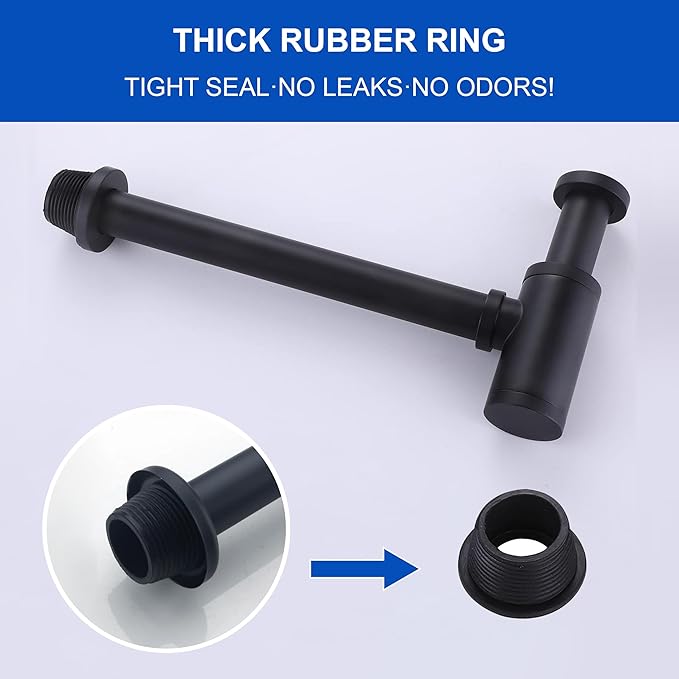 Round Bottle P-Trap 1 1/4 Adjustable Bathroom Basin Sink Waste Trap Drain Kit, Bathroom Bottle P Trap Waste Pipe, Matte Black