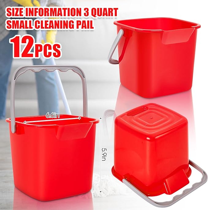 Irenare 12 Pcs Sanitizing Bucket 3 Quart Cleaning Pail Small Detergent Square, Spout and Handle Plastic Utility Sanitizer Buckets for Restaurant Kitchen Home Offices (Red)