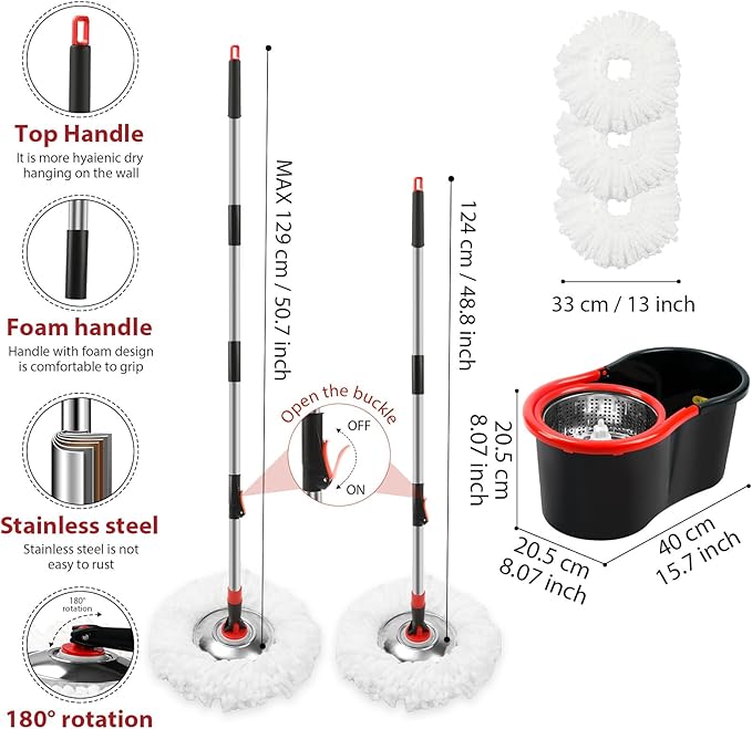 Spin Mop and Bucket with Wringer Set, 360° Spinning Mop Bucket System with 3 Microfiber Mop Replacement Heads and 51" Stainless Steel Adjustable Handle for Floor Cleaning (15QT)