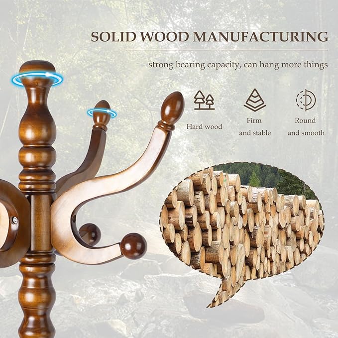 Wood Coat Rack Freestanding, Natural Coats Tree Stand with 11 Hooks, 74.8" Sturdy and Easy Assembly Coat Rack Stand for Entryway, Hallway, Bedroom, Bags, Hats (Tri-legged Base, Walnut)