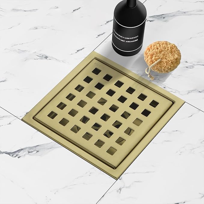 Square Shower Drain 4-Inch with ABS Flange, Brushed Gold, Removable Grille,Bathroom Stainless Steel Shower Floor Drain