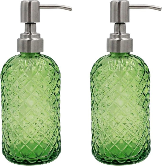 16 oz Diamond Pattern Glass Soap Dispenser, Kitchen and Bathroom Refillable Soap Dispenser with Rust Resistant Stainless Steel Pump for Hand Soap, Lotion Glass Liquid Dispenser(Green-2pack)