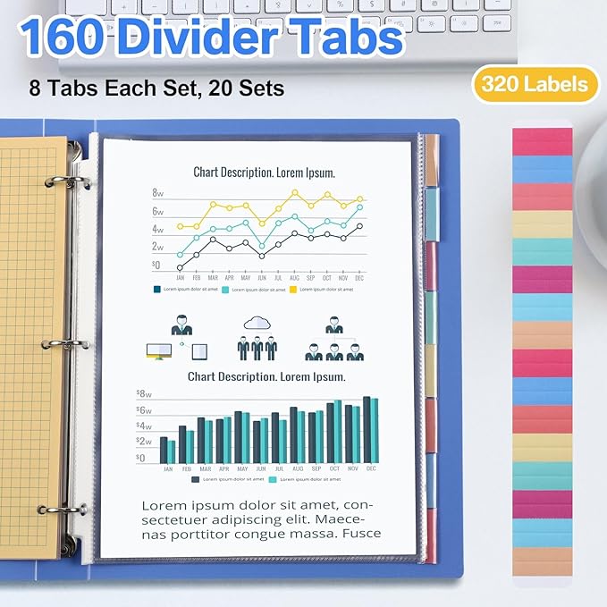 ReliThick 20 Set of 160 Pack Clear Sheet Protectors 8.5 x 11 Inch Page Protector for 3 Ring Binder with 8 Tabs Plastic Dividers for 3 Ring Binder, Insertable Index Page Divider Multicolor Tabs