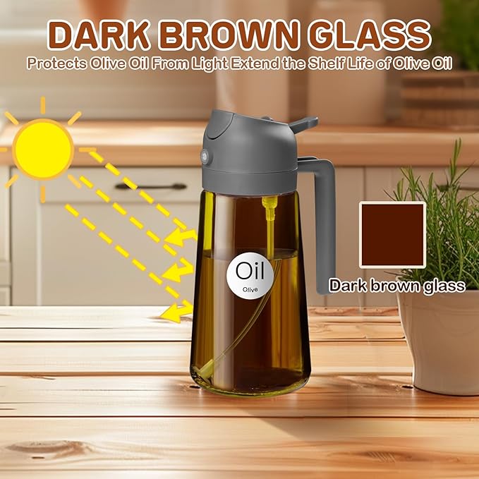YARRAMATE 16oz/470ml Dark Brown Oil Sprayer for Cooking with Stickers, Food-grade Premium 2 in 1 Olive Oil Dispenser Bottle for Kitchen Gadgets, Air Fryer, Salad, Frying, BBQ (Grey)