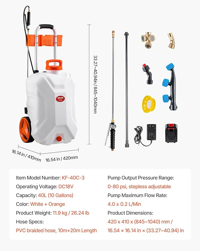 VEVOR Battery-Powered Sprayer with Wheeled Cart, 10 Gallons Electric Weed Sprayer, Adjustable 0-80 PSI, Yard Lawn Sprayers with Wheels, 5 Nozzles & 98ft Hose, 3-6H Spray Time, for Weeding, Cleaning