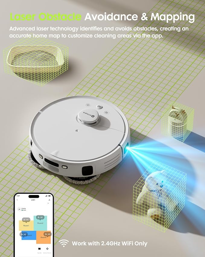 V5 Robot Vacuum and Mop, Self-Emptying Robotic Vacuum Cleaner, 8500Pa Suction, Pet Hair Tangle Cutter, Laser Navigation, Cat Laser, Carpet Detection, Ideal for Hard Floor, Tile, and Carpet