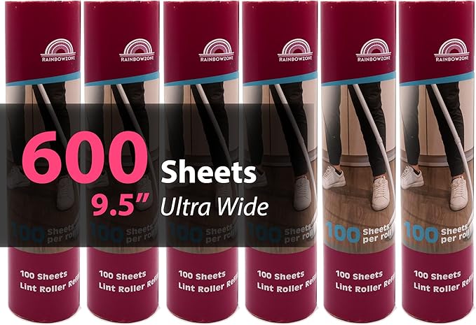 RainbowZone 6 Rolls of 9.5'' Extra Wide Large Lint Roller Refills. Total 600 Extra Sticky Adhesive Peel Sheets (100 Sheet per roll) for Pet Hair Removal & Household Cleaning (6 Refills)