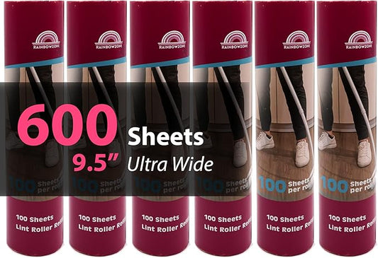 RainbowZone 6 Rolls of 9.5'' Extra Wide Large Lint Roller Refills. Total 600 Extra Sticky Adhesive Peel Sheets (100 Sheet per roll) for Pet Hair Removal & Household Cleaning (6 Refills)