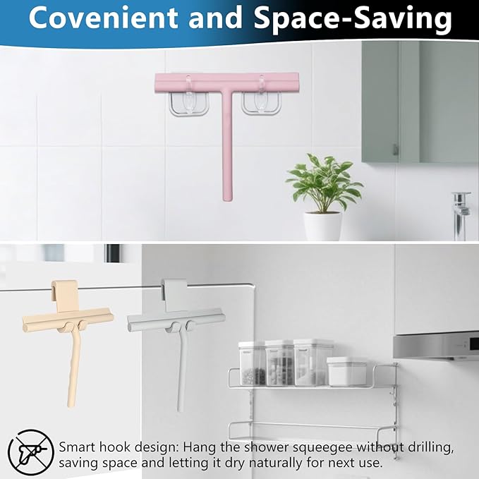 Shower Squeegee for Glass Doors, Full Silicone Jacketed Squeegee with Ergonomic Handle & No-Drill Hook, Cleaning Tool for Windows, Mirrors, Tiles, Bathroom & Car - Black