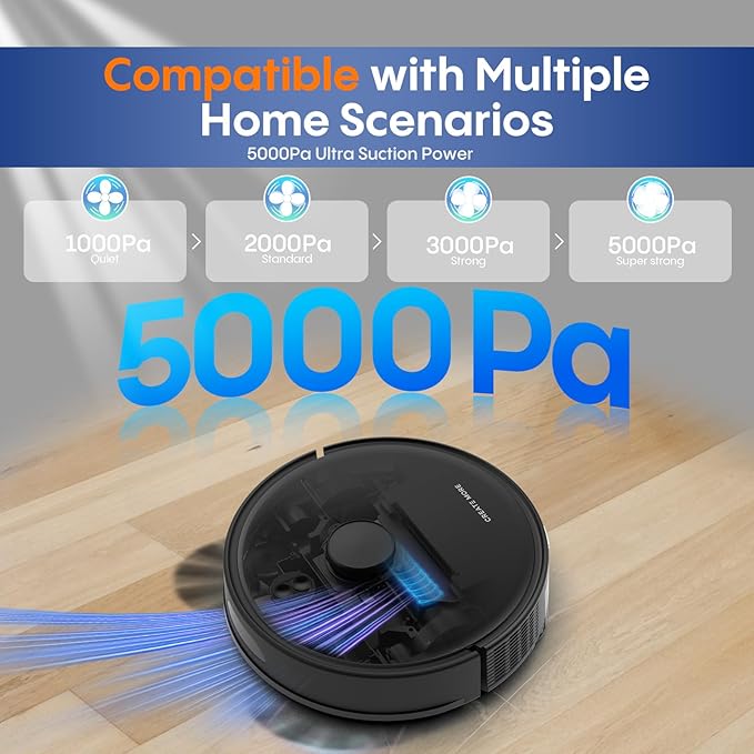 Robot Vacuum and Mop, Robot Vacuum Self Emptying with 5000Pa Suction, 3-in-1 LiDAR Navigation, Home Mapping, No-Go Zones, Up to 60 Days Hands Free Cleaning, Wi-Fi/App/Alexa, Hard Floors, Carpet