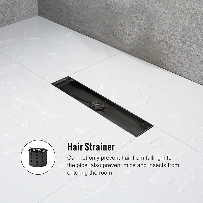 Linear Shower Drain, 12 inch Black Drain with Tile Insert 2-in-1 Panel, Brushed 304 Stainless Steel Shower Floor Drain, Linear Drain with Hair Strainer and Adjustable Feet