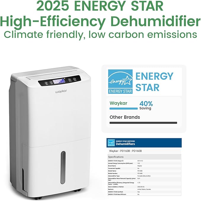 Waykar 2000 Sq. Ft. 2025 Energy Star Dehumidifier for Home and Basements, with Auto or Manual Drainage, 0.66 Gallon Water Tank Capacity