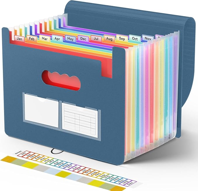 Sooez Accordion File Organizer, 13 Pockets Expanding File Folder, Portable Monthly Paper Bill Tax Receipt Organizer, Letter A4 Size Document Holder with Blank Labels