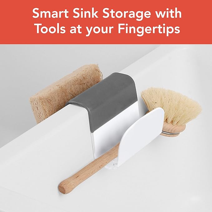 Spectrum Sink Saddle for Kitchen Sink Gray White Sponge and Brush Holder Organizer, Dish Brush and Sponges Plastic Saddle Caddy for Double Sink Storage with Drain Holes for Quick Drying Organization